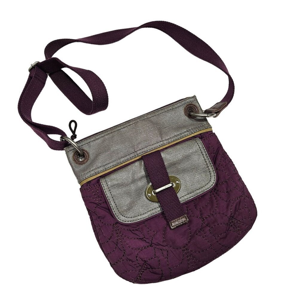 Fossil Canvas & Quilted Crossbody Bag‎ Adjustable Strap Multi-Pocket Purple Gray